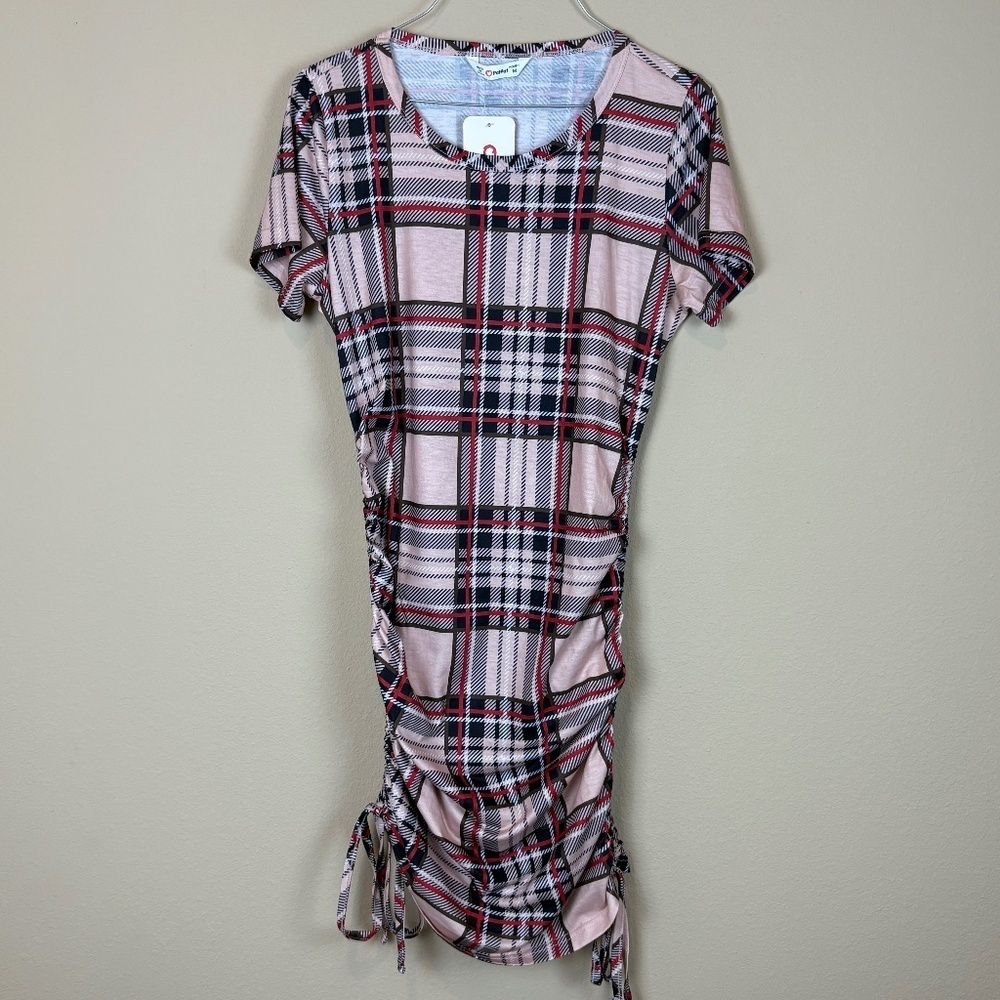NWT Patpat Black/Red/White/Tan Plaid Drawstring Ruched Bodycon Dress; Size M